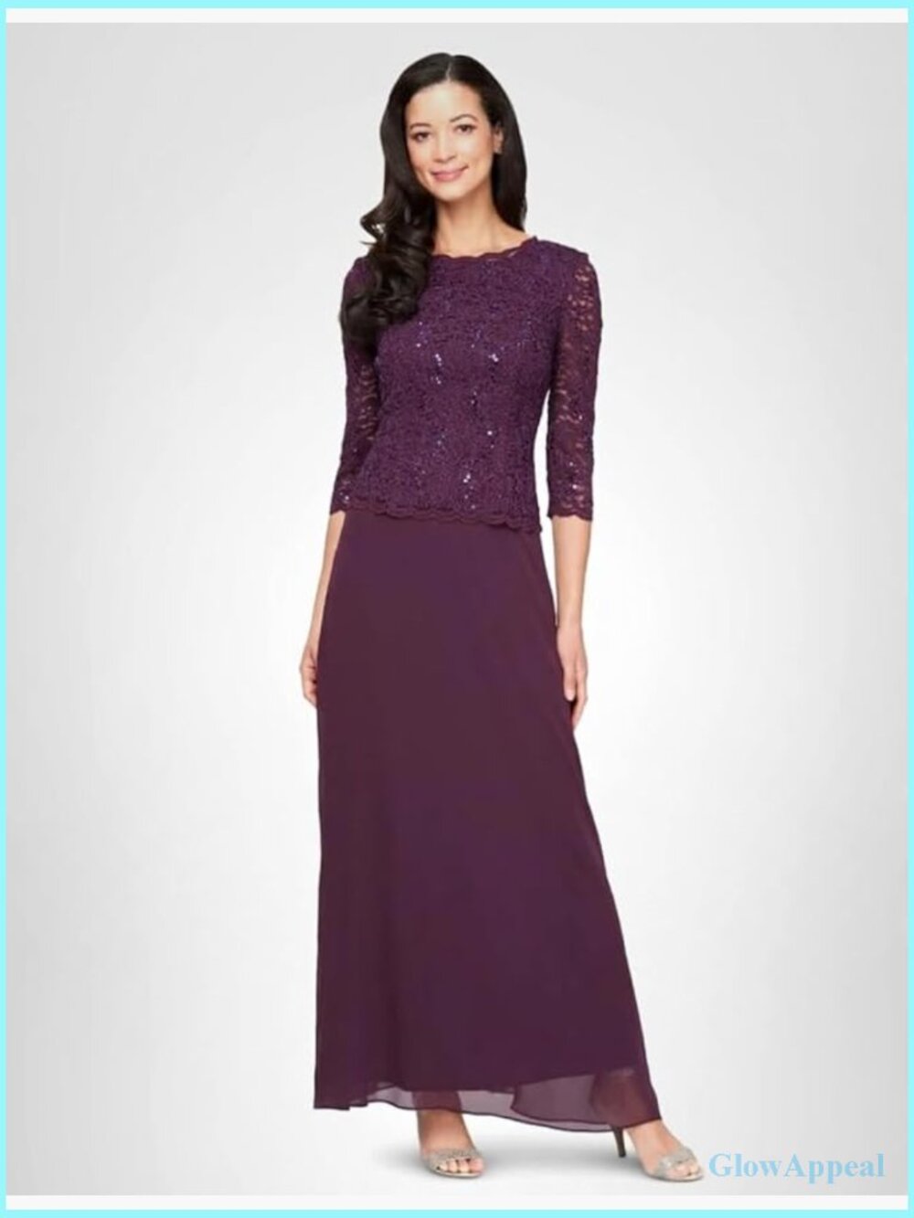 3/4 Sleeve Lace Bodice One Piece Gown with Sequins